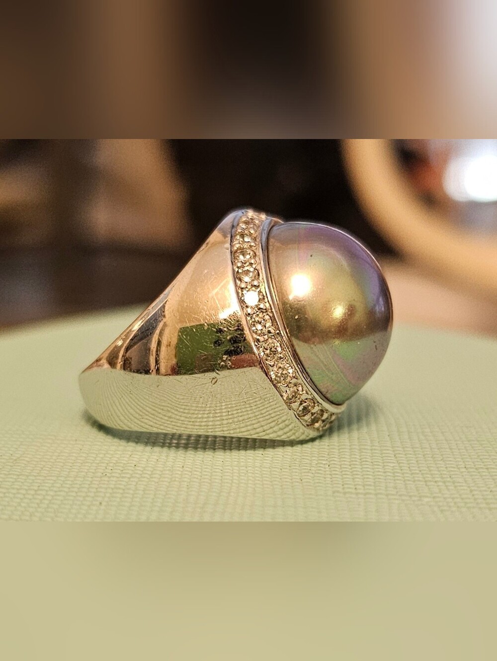 925 STERLING SILVER Pearl with CZ Halo Ring SZ 6.75